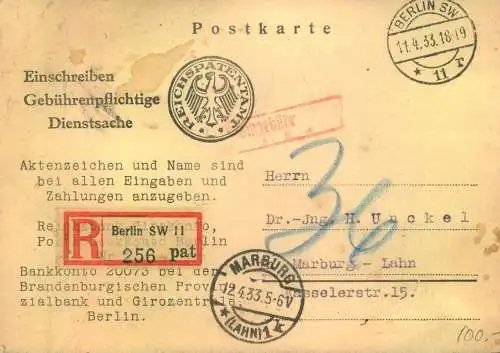 1933, R-Karte als gebührenpflichtig mit "36" Nachporto vom Recuhspatenntant "BERLIN SW 11" nach Marburg