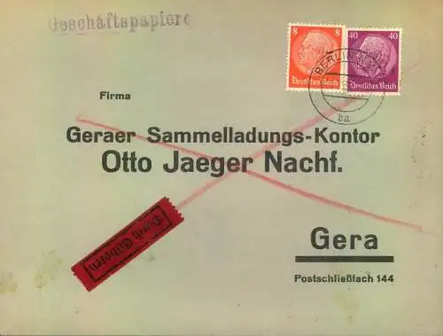 1937, Geschäftspapiere  per Eilboten ab BERLIN nach Gera. Seltenes Porto