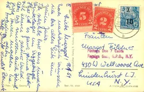 1955, Ansichtskarte mit 10 auf 12 Pfg. FJP nach USA mit Nachporto