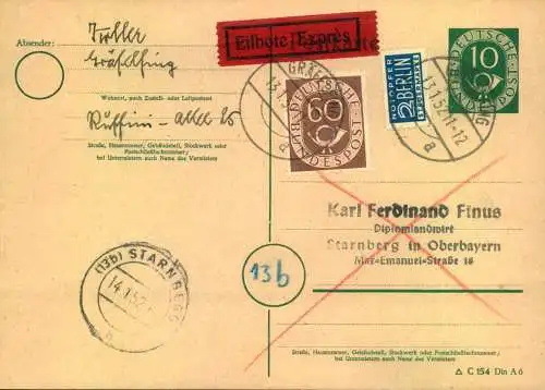 1951, 60 Pf. Posthotn als Eilgebühr auf 10 Pf. GSK ab GRÄFELFING