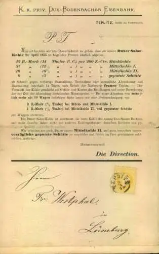 1875, 2 Kr. Franz Josef als EF auf 4 seitiger Inform,atio der "Kohlenwerke der k. u. k. prov. Dux-Bodenbacher Eisenbahm