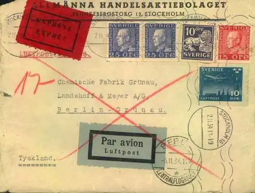 1934, Express via air mail from STOCKHOLM to Berlin