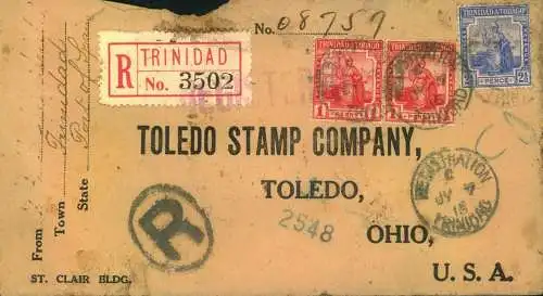 1915, registered envelope fro, Trinidad to USA.