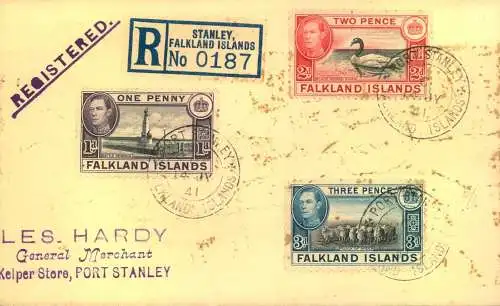 1938, 3 values Edward VIII on registered cover from, Port Stamley