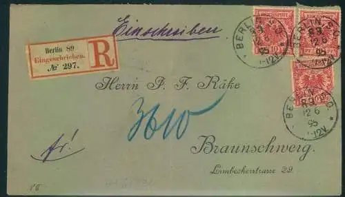 1895, Einshreiben ab "BERLIN 88" mit 3-nal 10 Pf. Krone/Adler