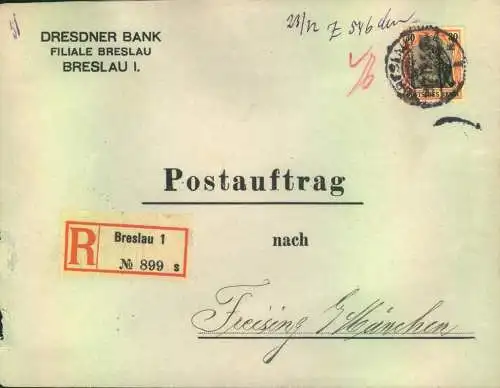 1919, 30 Pf. Germania als EF auf Postauftrag mit entsrechendem Formular