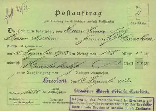 1919, 30 Pf. Germania als EF auf Postauftrag mit entsrechendem Formular