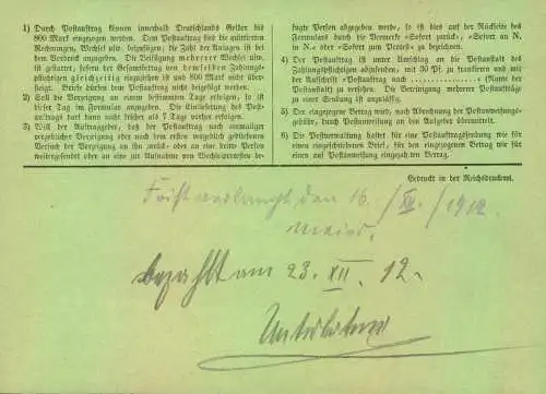 1919, 30 Pf. Germania als EF auf Postauftrag mit entsrechendem Formular