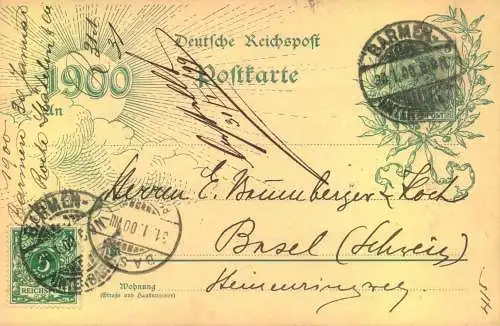 1900, 5 Pfg. Jahrhumdertkarte mit zsätzlicher 5 Pfg. ab BARMEN in die Schweiz