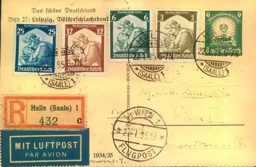 1935, Saaarabstimmung komplett auf R-Lufzpostkarte ab HALLE / Saale