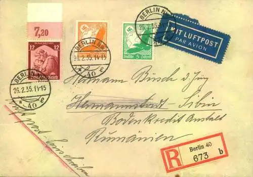 1935, R-Lufzpostbrief ab "BERLIN 40" nach Sibiu, Rumänien
