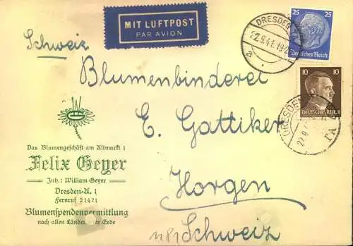 1941, Auslands-Luftpostbrief ab Dresden in die Schweiz