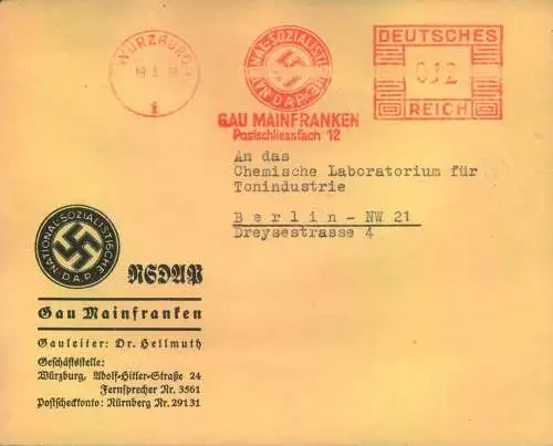 1938, Fernbrief vom "Gau Mainfranken" mit Absenderfreistempel von WÜRZBURG