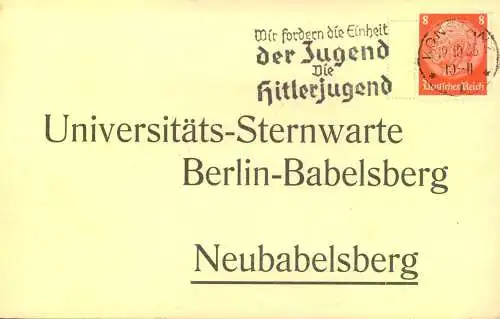 1933, Vordruckkarte  an die "Universitäts-Sternwarte", Berlin - Babelsberg