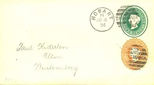 1894, interesting stationery cover from HOBART to Ulm, Württemberg