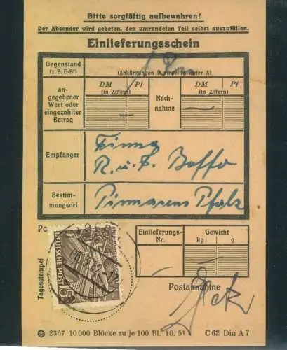 1952, 6.3., 15 Pf. Bauten, als EF auf Einl.-schein für 1 Paket