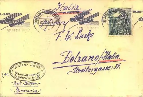 1952, 22.12., 30 Pf. Philharmonie, als EF auf Auslandsbrief von Berlin nach Italien, Bef.-spuren, KW 320,
