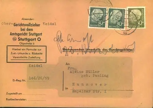 1959, 21.11., 30 Pf. Heuss II, waag. Paar und 50 Pf. Heuss auf Zustellungsurkunde ab Stuttgart, Umschlag etwa