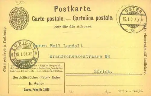 1907, 5 Rp. Ganzsachenkarte mit privatem Zudruck