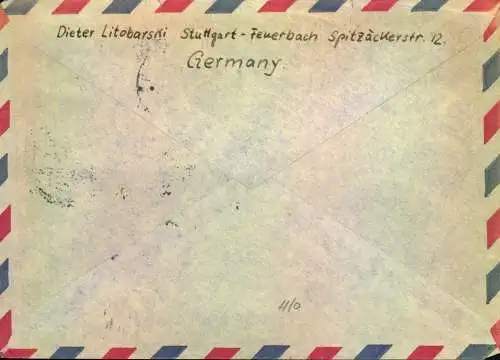 1954, Luftpostbrief mit 90 und 10 Pf. Postorn nach USA