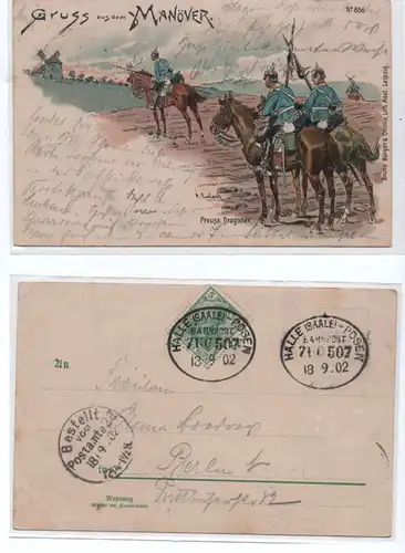 0001

    Gruß aus dem Manöver
     Bahnpoststempel 18.9.1902
     gelaufen ,Z1
     Suchbegriff ,Pferd,Preuss.Dragoner
