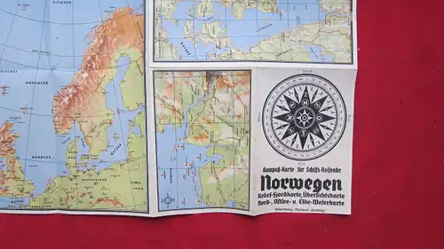 Norwegen : Kompaß-Karte für Schiffs-Reisende : Relief-Fjordkarte, Übersichtskarte, Nord-, Ostsee- u. Elbe-Weserkarte. 