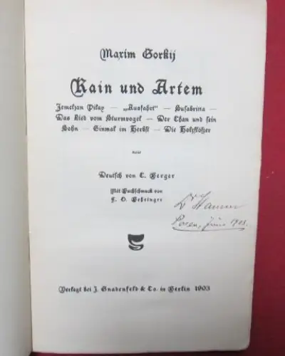 Gorkij, Maxim: Kain und Artem. Deutsch von C. Berger. [Maxim Gorki]. 