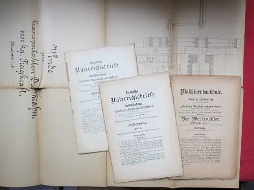 Harnack, O. und Regierungsbaumeister Alexander: Hebezeuge. 4 Briefe und 1 Faltkarte. Technische Unterrichtsbriefe für das Selbststudium. System Harnack-Hachfeld. 