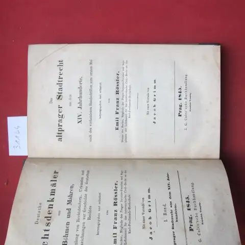 Rössler, Emil Franz: Das Altprager Stadtrecht aus dem XIV. Jahrhundert nach den vorhandenen Handschriften zum ersten Mal hrsg. u. erläutert. Deutsche Rechtsdenkmäler aus Böhmen und Mähren; Bd. 1. Vorrede: Jacob Grimm. 