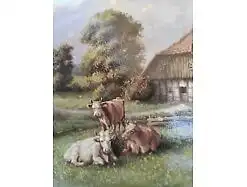 E219/ Kleines Ölbild signiert Miniaturmalerei Bauernhof