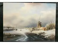 E547/  Ölbild auf Holz  Windmühle am Wasser signiert 18 x 24 cm