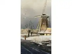 E547/  Ölbild auf Holz  Windmühle am Wasser signiert 18 x 24 cm