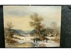 E545/  Ölbild auf Holz gemalt ländliche Szene signiert 18 x 24 cm