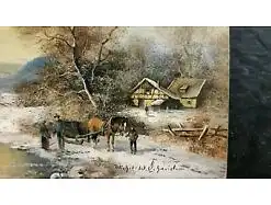E545/  Ölbild auf Holz gemalt ländliche Szene signiert 18 x 24 cm