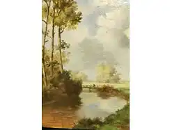E535/  Ölbild auf Holz Flusslandschaft signiert Gritzan 18,5 x 24,5 cm