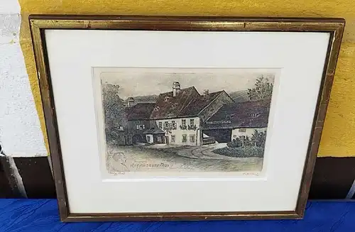 G250/alte Radierung Höldrichsmühle Hinterbrühl Franz Schubert Morgengruß