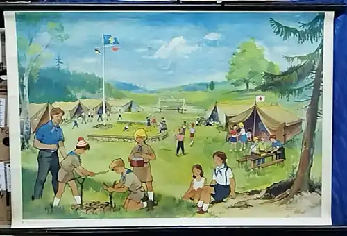 G64/ Original DDR Rollkarte Wandrollbild Im Pionierzeltlager 115 x 80 cm