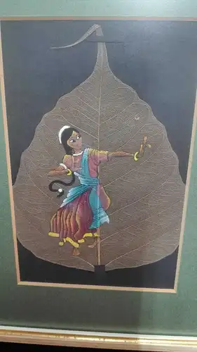 F603/ Traditionell Malerei auf Peepal Blatt Indien Miniatur