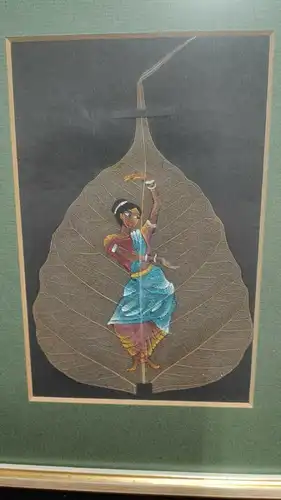F602/ Traditionell Malerei auf Peepal Blatt Indien Miniatur
