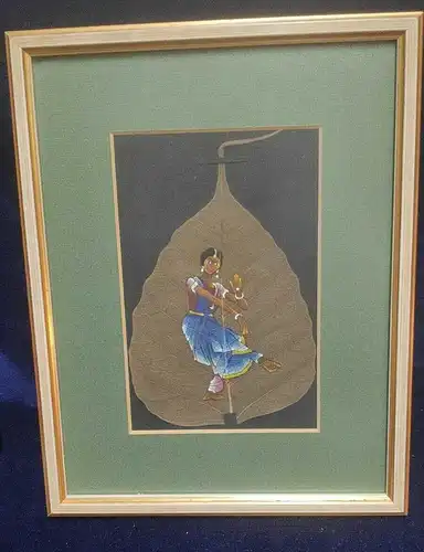 F601/ Traditionell Malerei auf Peepal Blatt Indien Miniatur