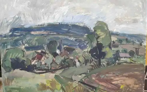 F576/ Landschaftsbild Gouache Dorfansicht expressive Malweise