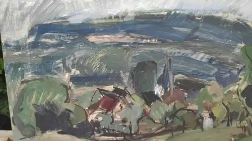 F576/ Landschaftsbild Gouache Dorfansicht expressive Malweise