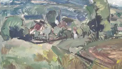 F576/ Landschaftsbild Gouache Dorfansicht expressive Malweise