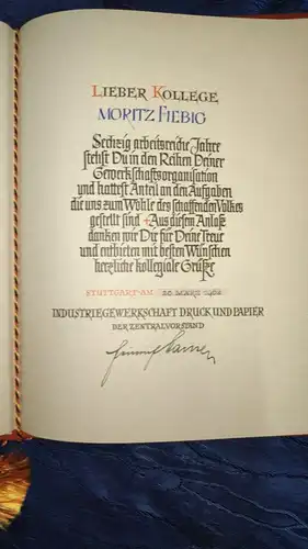 Ehrenurkunde Industrie Gewerkschaft Druck und Papier 1962 60Jahre