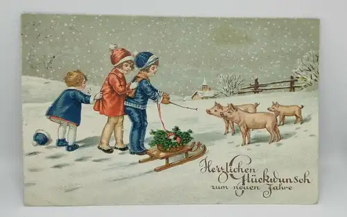 E801/ antike Neujahrskarte Neujahrsgruß Glücksschwein