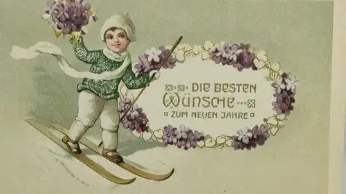 E801/ antike Neujahrskarte Neujahrsgruß Skilaufen Prägekarte