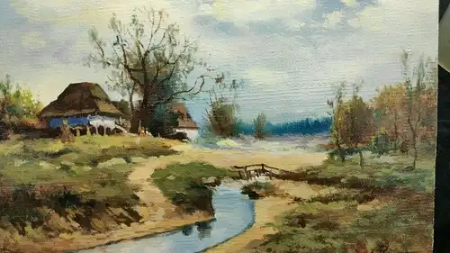 E548/  Ölbild auf Holz Häuser am Bach signiert 20 x 30cm 