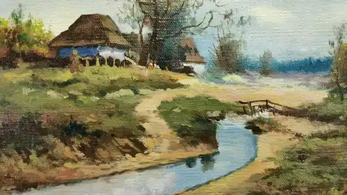 E548/  Ölbild auf Holz Häuser am Bach signiert 20 x 30cm 