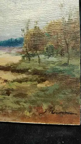 E548/  Ölbild auf Holz Häuser am Bach signiert 20 x 30cm 