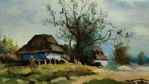 E548/  Ölbild auf Holz Häuser am Bach signiert 20 x 30cm 